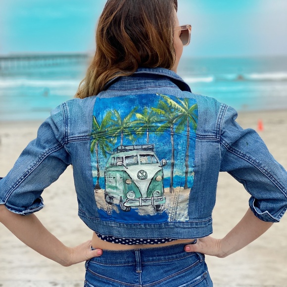 VW bus hand painted denim cropped jacket - Picture 2 of 5